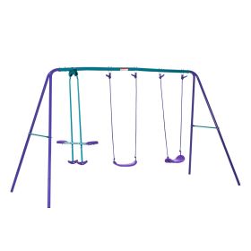 Outsunny Metal Swing Set with Glider, Two Swing Seats and Adjustable Height, Outdoor Heavy Duty A-Frame Suitable for Playground, Backyard, Purple